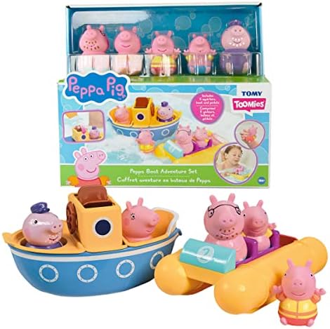 TOMY Toomies Peppa Pig Bath Toys — Peppa’s Boat Adventure Bath Toy Set — Includes Two Boats and 5 Peppa Pig Toy Figures — Baby and Toddler Bath Toys for 18 Months and Up