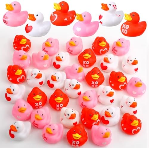 Lunmon 48 Pcs 2 Inch Valentine's Day Rubber Ducks Bulk Mini Pink Red White Heart Rubber Ducks for Bath Pool Birthday Novelty Valentine's Day Gifts for Kids Party Favors Accessories, 6 Styles