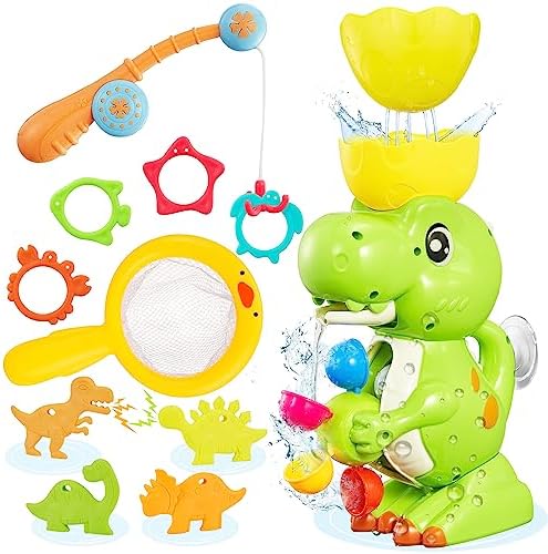EKUEASYKU Dinosaur Bath Toys with Colorful Whirling Wheel Mini Dinosaurs and No Mold Fishing Games for Toddlers Bathtub Bath Time Toy, Color, Sound, Movement