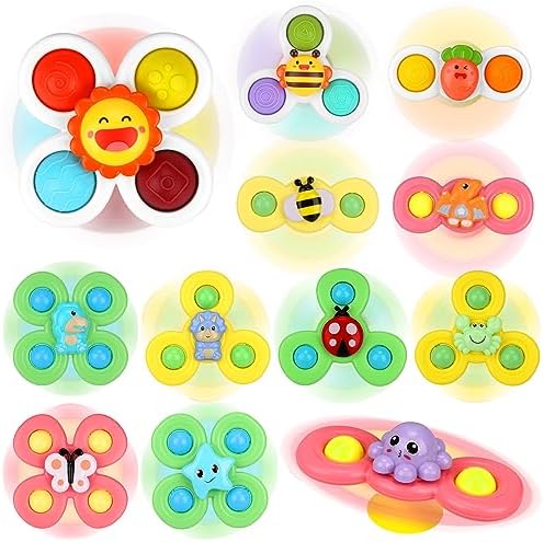 12Pcs Suction Cup Spinners for Baby, Valentines Day Gifts for Kids, Spinning top Toddlers Toys,Christmas Stocking Stuffers, Infant Bath Sensory Toys for 12-18 Months 1 2 3 Old Boys Girls