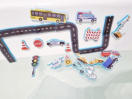 Foam Bath Toys for Toddlers- 29 Piece Vehicles Bath Stickers with Storage Bag Educational Floating Bathtub Traffic Preschool Non-Toxic Fun Bathing for Baby Girls Boys Toddler Kids
