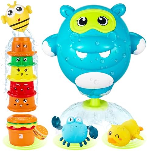 EKUEASYKU Hippo Bath Toys with Burger Stacking Cups for Toddlers Emotion, Letter Learning Bath Time Wind Up Swimming Duck Crab Bathtub Water Toy