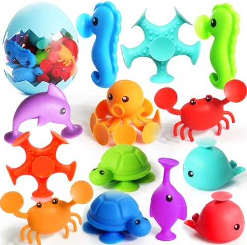 Suction Bath Toys for Kids - Fine Motor Window Toys, Silicone Ocean Animal Suction Cup Toys with Dinosaur Eggshell, Sensory Travel Toys for Toddlers, Great for Autism/ADD/ADHD.