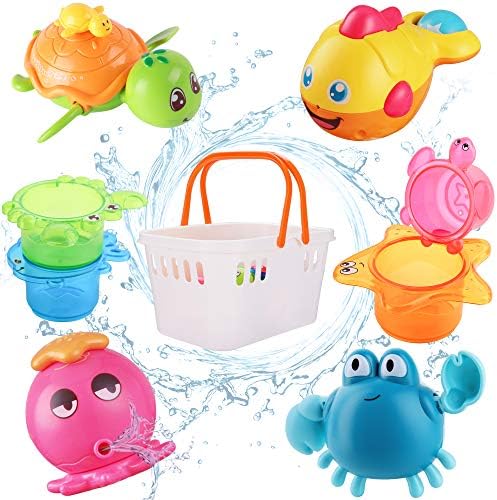 iPlay, iLearn Baby Bath Toys w/ Organizer, Water Squirting Octopus, Wind Up Swimming Turtle, Bathtub & Shower, Stacking Cups, Gift for 6, 9, 12, 18 Months 1, 2, 3 Years, Toddlers, Girls, Boys & Kids