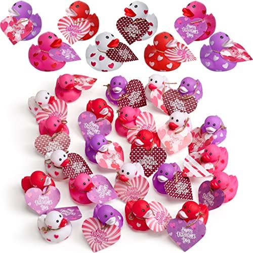 Jerify 48 Pcs 2 Inch Mini Valentine Rubber Duckies with Valentine's Day Gift Cards Valentine Rubber Duck Toys for Classroom Exchange Game Prizes Carnival Valentine Party Favors