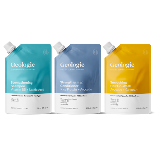 Three Geologie Custom Control Hair Routine products displayed side by side at Geologie.com: strengthening shampoo, conditioner, and smoothing hair co-wash, available for direct links and product subscriptions.