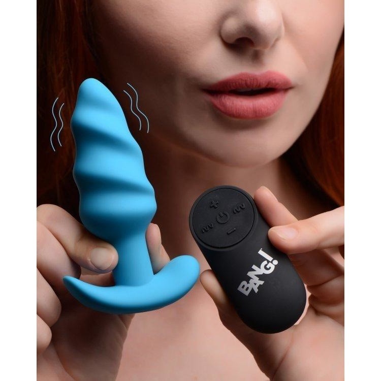 Bang! 21x Vibrating Silicone Swirl Butt Plug W- Remote Blue