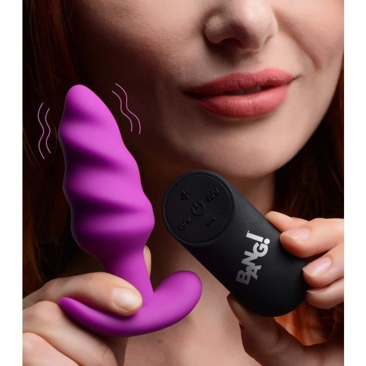 Bang! 21x Vibrating Silicone Swirl Butt Plug W- Remote Purple