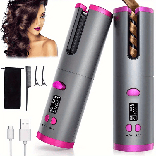 Cordless Automatic Curling Iron - USB Rechargeable, Anti-Tangle, Ceramic Cylinder, Quick Heating, 5-Level Temperature Control - Perfect for Long Hair, Includes Gift Box
